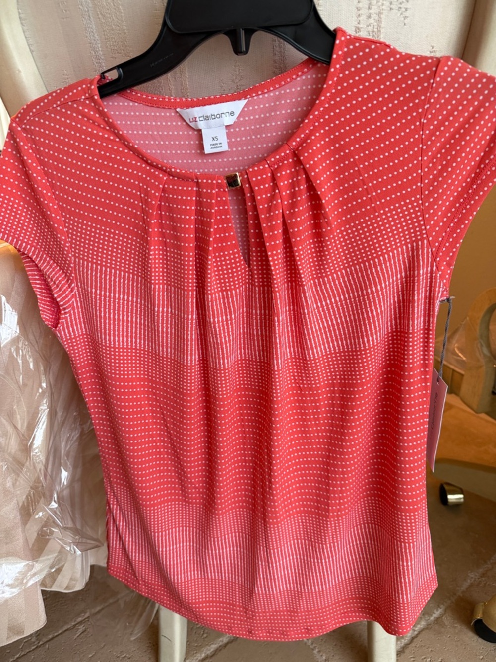 Liz Claiborne Coral Dot Cap-Sleeve Top with Pleated Neckline